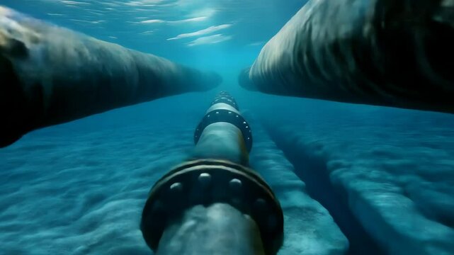 Underwater view of large rusty pipelines on the ocean floor