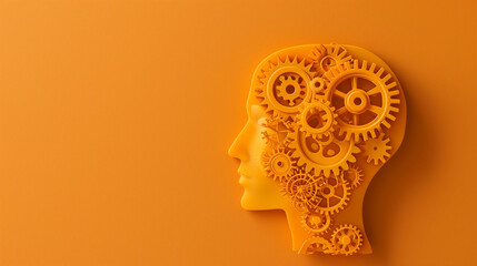 A close-up of gears and cogs inside a human head silhouette, representing innovative thinking