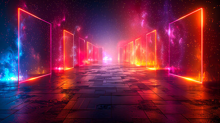 Vibrant Neon Striped Background with Abstract Geometric Shapes - Digital Art for Futuristic Design Concepts