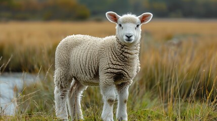 A Young Lamb Standing in a Field