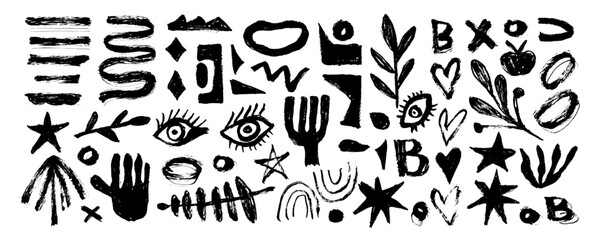 Colleсtion with funny organic shapes, random childish doodle elements.Vector geometric figures and objects. Eyes, stars, hand,  heart, leaves, letter, spiral, squiggles and shapes. 