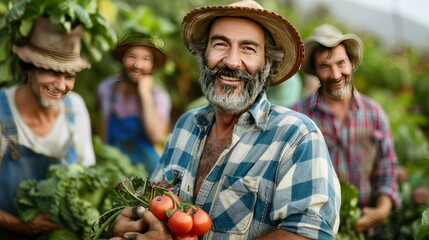 Farmer portrait of a group of farmers harvesting vegetables.