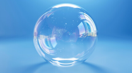 Single Soap Bubble on Blue Background: Close-Up on Bubble with Light Reflections - Minimalistic Background with Copy Space.