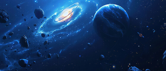 Spiral galaxy with planets and stars in deep space. Solar system with nebulae and galaxy. Science and education background. Stars and galaxies. Galaxy spiral background. Solar system planets