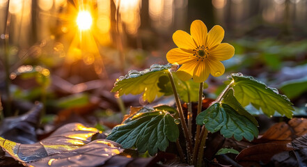 Golden Wildflower in Dewy Forest Morning Sunlight - Nature Photography