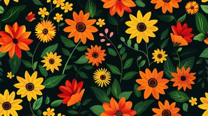 A tile pattern of Mexican sunflowers in colorful flat vector style, creating a lively and geometric visual effect