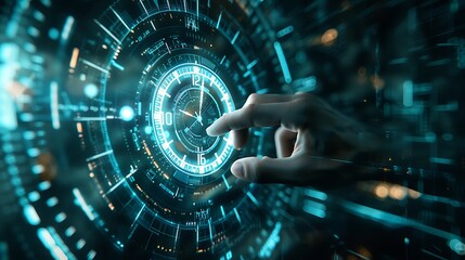 Futuristic time clock hand and clock face digital transformation abstract technology background