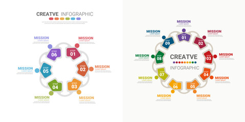 Circle Infographic thin line design and 6,9 options or steps. Infographics for business concept. Can be used for presentations banner, workflow layout, process diagram, flow chart.