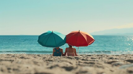 Siblings lounging under beach umbrellas, relaxed and happy, break travel concept, editorial shot, empty space for text on side