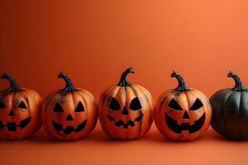 Halloween Pumpkin Carving Display - Four Jack-O-Lanterns on Orange Background for Holiday Decoration