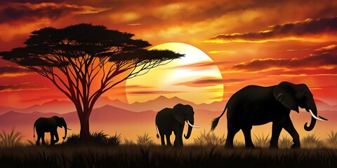 Elephant Family Sunset Scene as Wallpaper or Poster Design
