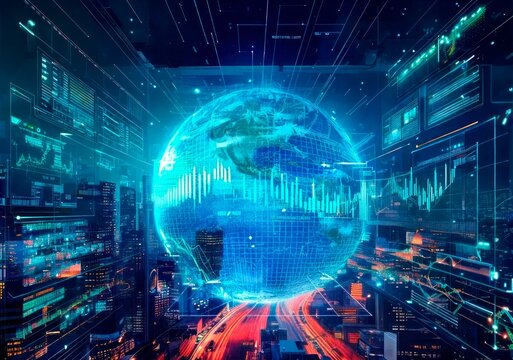 Urban landscape filled with holographic displays and virtual reality experiences