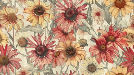 Tile pattern featuring echinacea flowers in nostalgic vintage colors