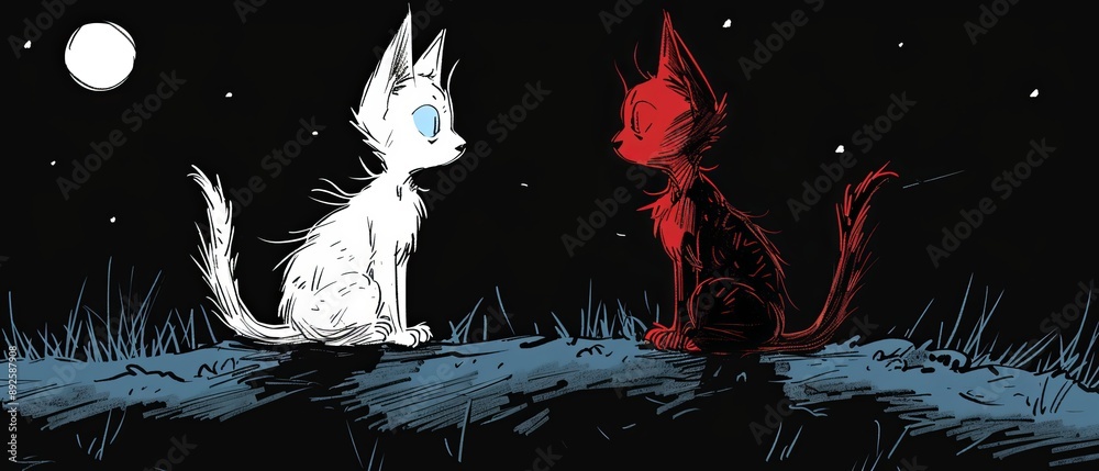 Canvas Prints  A white cat and a red cat sit on a grassy field, surrounded by stars in the night sky above