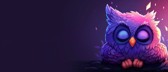  A purple owl atop rocks against a neon backdrop, illuminated by a radiant light