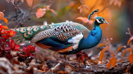 Obraz premium Majestic peacock with its iridescent feathers fully displayed, walks through brightly colored autumn foliage, showcasing nature's beauty in the forest floor.