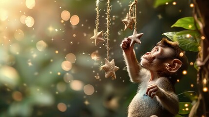 Playful Monkey Swinging Among Stars in Tree Whimsical Animal Stock Image