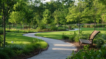 Obraz premium Well-maintained urban park with diverse plant species, walking paths, and a peaceful atmosphere