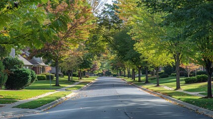 Fototapeta premium Tree-lined street in a suburban neighborhood, promoting clean air and a healthy lifestyle
