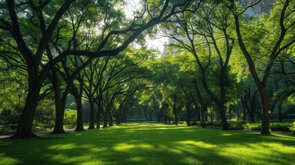Obraz premium Thriving urban forest with diverse tree species, providing shade and clean air