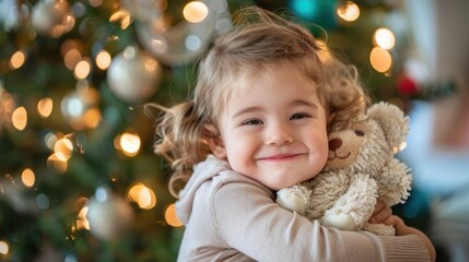 A young girl with curly hair is happily hugging a teddy bear in front of a beautifully decorated Christmas tree, with glowing lights adding to the festive and warm atmosphere.