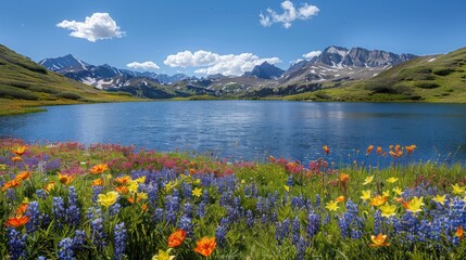 Serene lake surrounded by mountains and vibrant wildflowers in full bloom
