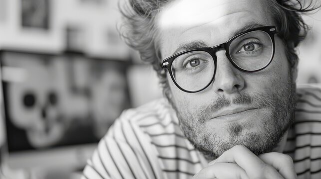A young man wearing a striped shirt and glasses rests his chin on his hand. The background shows a computer and it's softly blurred, capturing a thoughtful moment. - Powered by Adobe