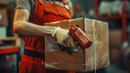 A man in a red apron holding a box with a barcode scanner. The box is wrapped in plastic