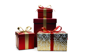 Obraz premium festively wrapped Christmas presents in a row and stacked, isolated