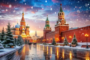 Fototapeta premium Create a romantic background featuring Red Square covered in snow, with snowflakes gently drifting in front of the Kremlin and Lenin's Mausoleum.