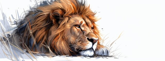  A painting of a lion reclining on the ground, head turned to the side, eyes closed