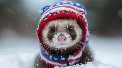 Adorable Ferret Wearing American Flag Costume, Patriotic Pet in Isolated Setting