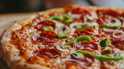 Close-up of a freshly baked pizza with pepperoni, mushrooms, green peppers and onions.
