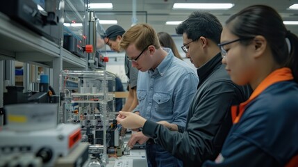 Rigorous testing and refinement process behind innovation, featuring a group of engineers meticulously testing a new prototype device in a simulated environment to ensure its performance and reliabili