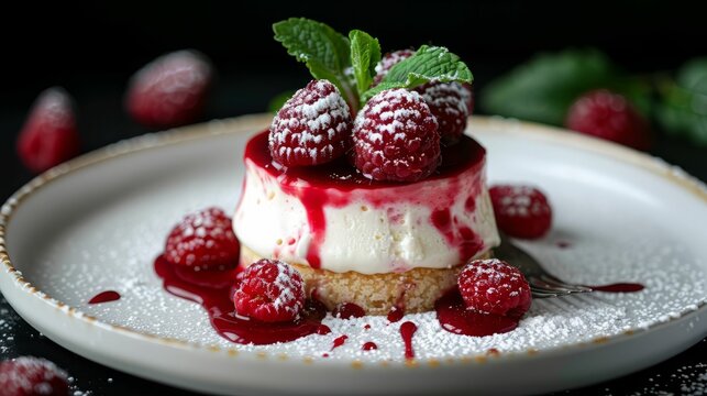 Close-up of a delicious cheesecake dessert with fresh raspberries and a dusting of powdered sugar.