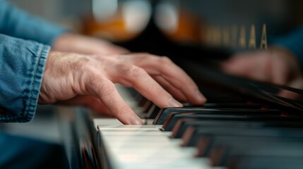 Obraz premium Close-up of wrinkled hands playing piano keys. The image captures the beauty of aging and the passion for music.