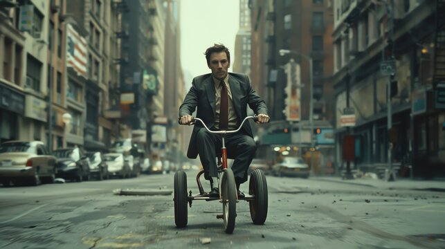 A man in a suit, riding a children's tricycle down a city street