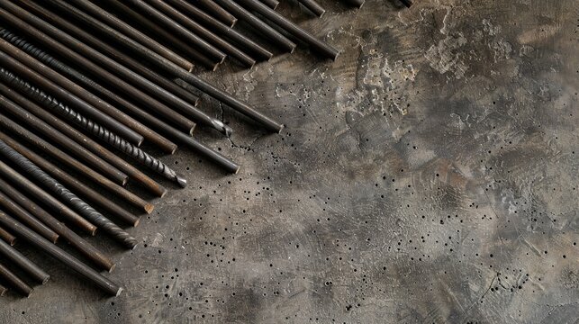 Top view of numerous long threaded rods on cement floor with space for text