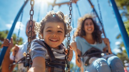 Parents pushing their children on swings at a playground, with happy faces and blue skies