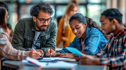 a passionate lecturer advising a group of diverse college students on their projects, providing valuable insights and academic support. Students of various ethnic backgrounds colla