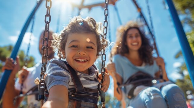 Parents pushing their children on swings at a playground, with happy faces and blue skies