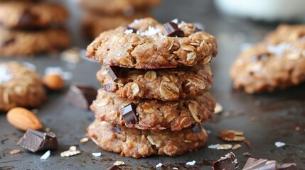 Protein breakfast cookies with oats, almond butter, protein powder, coconut and dark chocolate