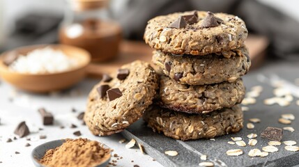Protein breakfast cookies with oats, almond butter, protein powder, coconut and dark chocolate