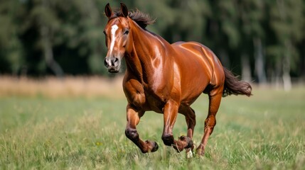 Obraz premium A chestnut horse runs through a grassy field with a blurred forest background