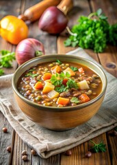 Bowl of hearty vegetable soup with fresh ingredients.