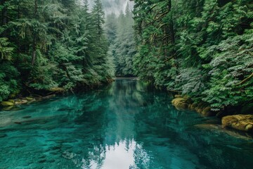 Obraz premium Serene forest with a clear turquoise river, surrounded by lush greenery and misty atmosphere. Perfect for nature and landscape photography.