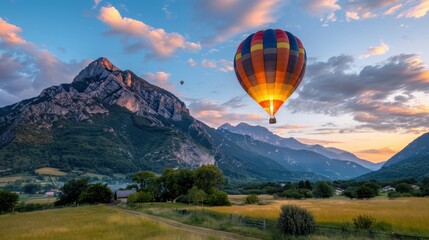 Obraz premium A colorful hot air balloon floating over a mountainous landscape at sunset, with the sky painted in warm hues and the ground displaying lush green fields and trees.