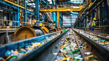 Obraz premium A recycling facility with organized bins and people actively participating in waste management