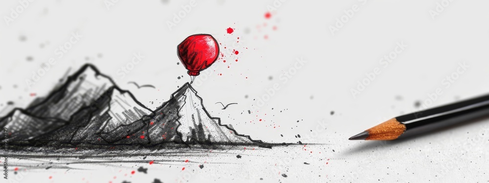 Canvas Prints one of a mountain capped with a red balloon, the other identical but with same red balloon atop