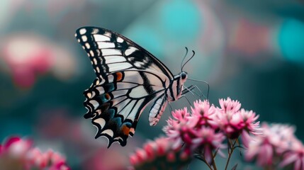 Obraz premium A vibrant butterfly with black and white wings perches on pink flowers, a blurred green background adding depth.